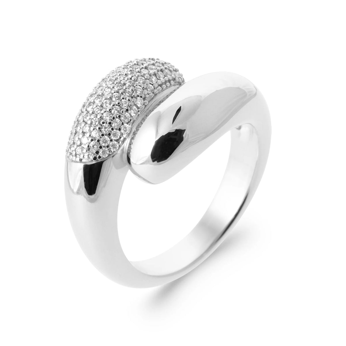 Bague dôme double volume lisse et pavé de zircons en argent 925, vue de face