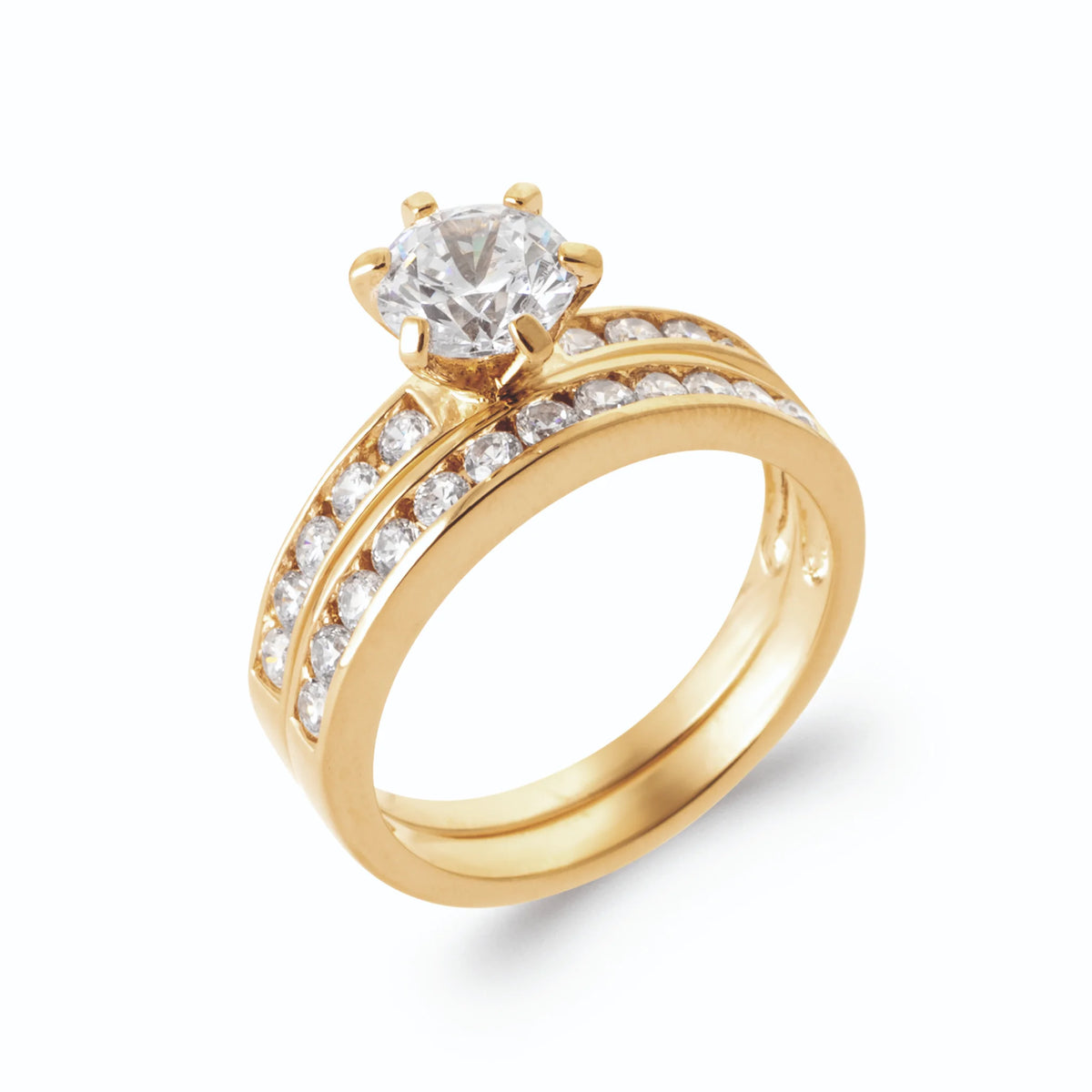 Bague double anneau solitaire et pavé de zircons en plaqué or