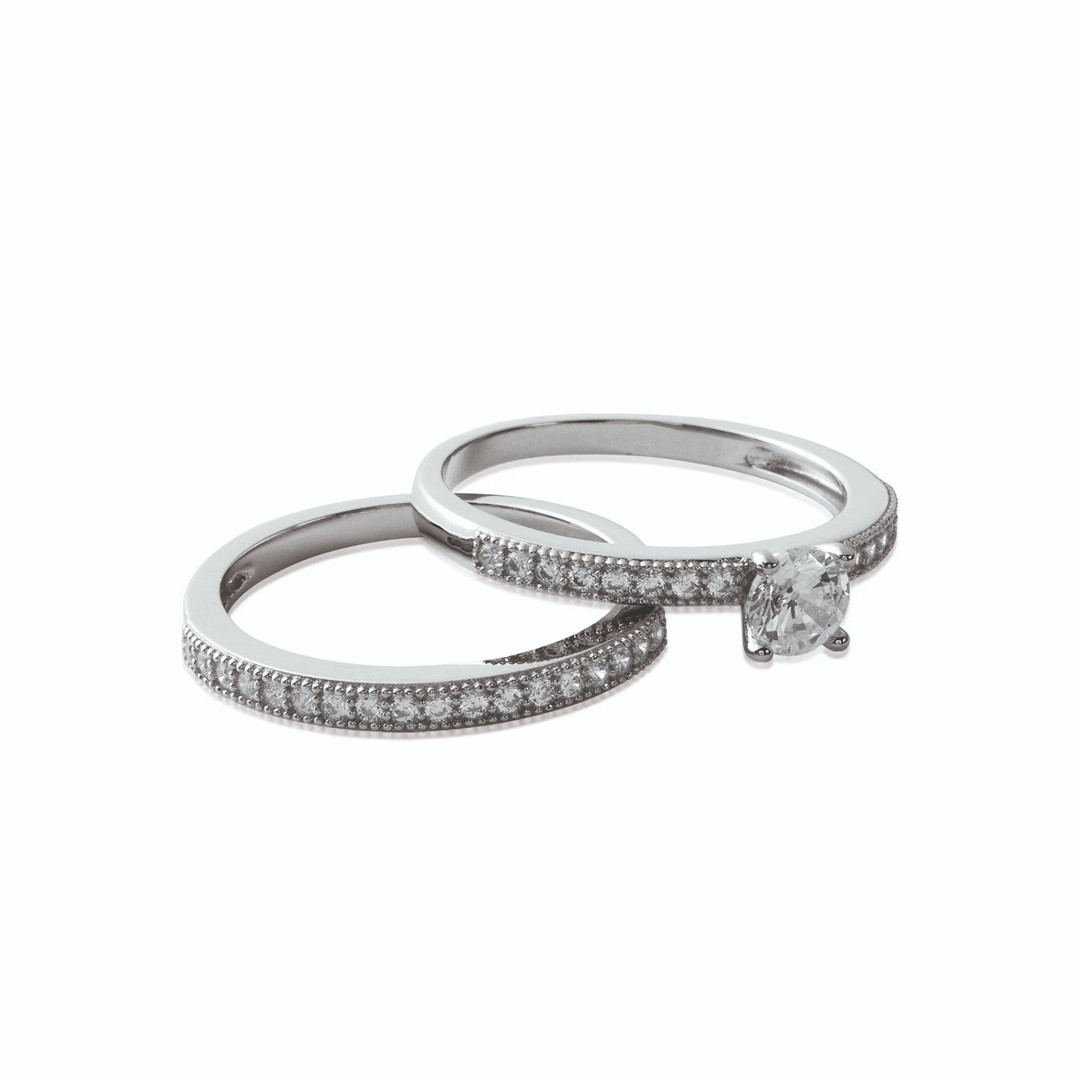 Bague duo solitaire et alliance pavée de zircons en argent 925, les deux bagues côte à côte