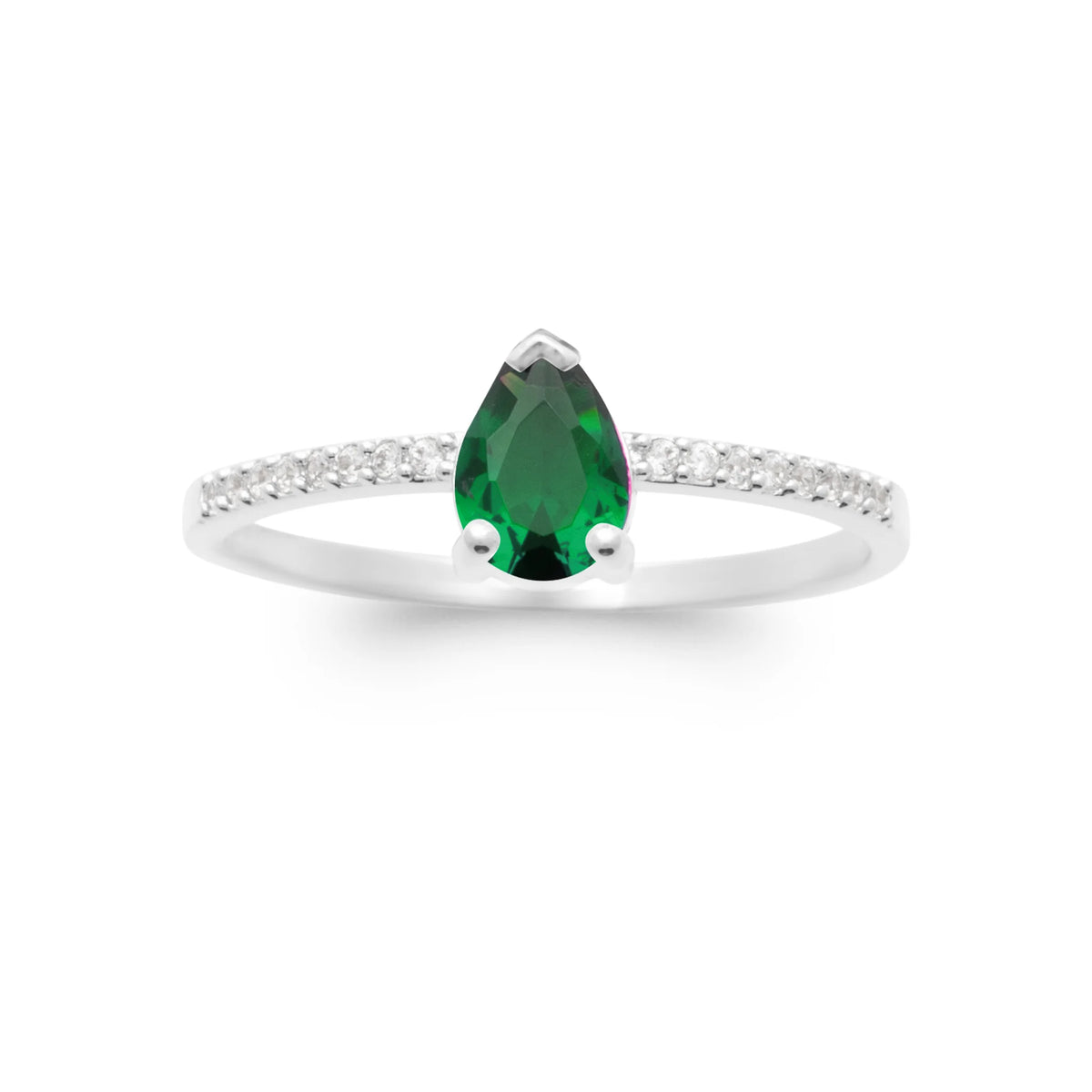 Bague fine goutte verte et anneau serti de zircons en argent 925, vue de dessus