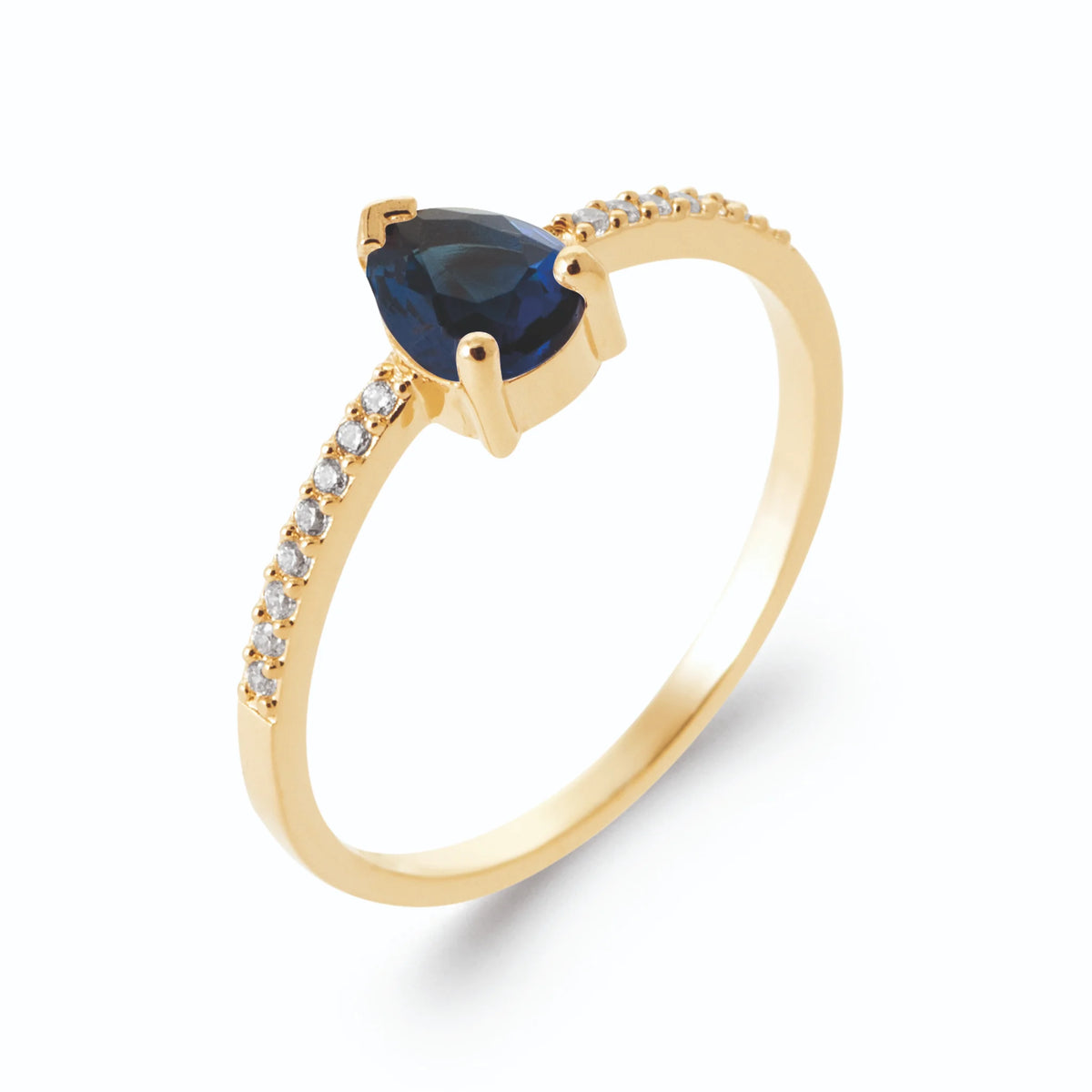 Bague fine pierre bleu nuit taille poire et liseré de zircons en plaqué or