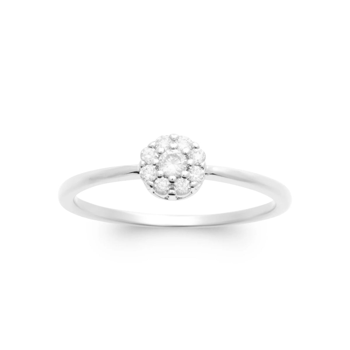Bague fine rosace de zircons en argent 925, vue de dessus
