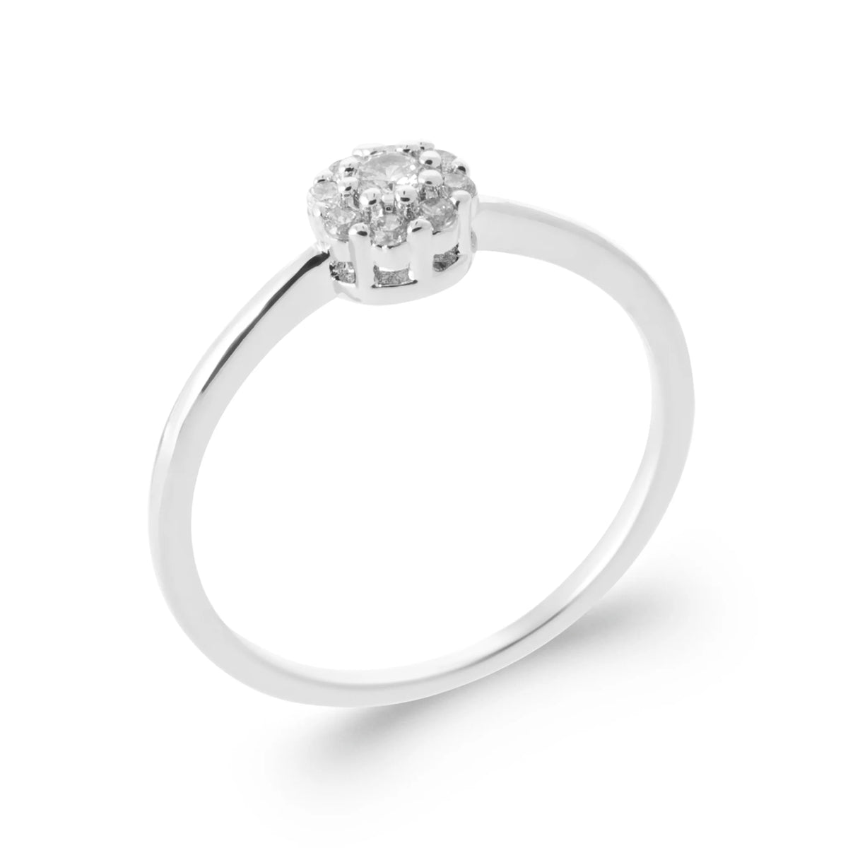 Bague fine rosace de zircons en argent 925, vue de face