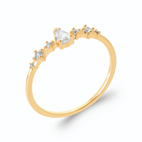 Bague fine zircon poire et petits zircons en constellation en plaqué or