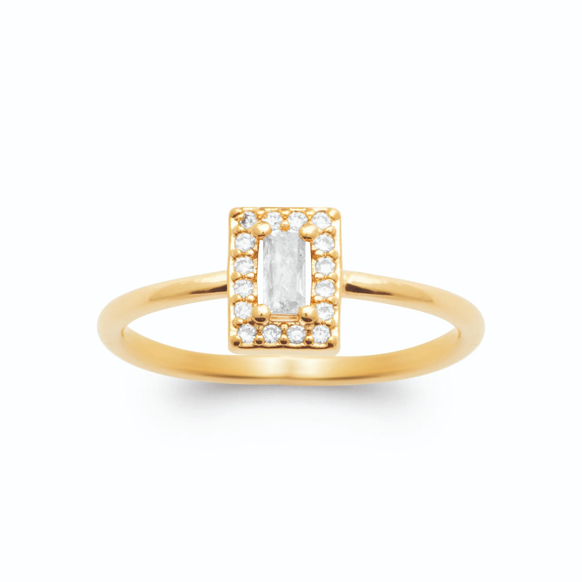 Bague fine zircon rectangulaire cerné de zircons en plaqué or