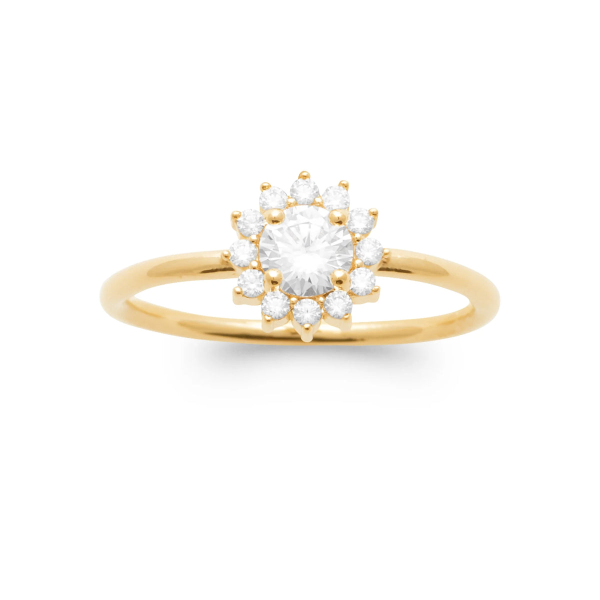 Bague halo de petits zircons autour d’un zircon rond sur anneau fin en plaqué or