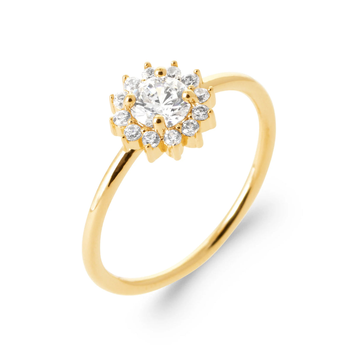 Bague halo de petits zircons autour d’un zircon rond sur anneau fin en plaqué or