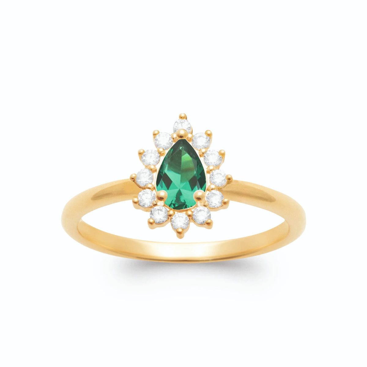 Bague halo pierre verte taille poire entourée de zircons en plaqué or