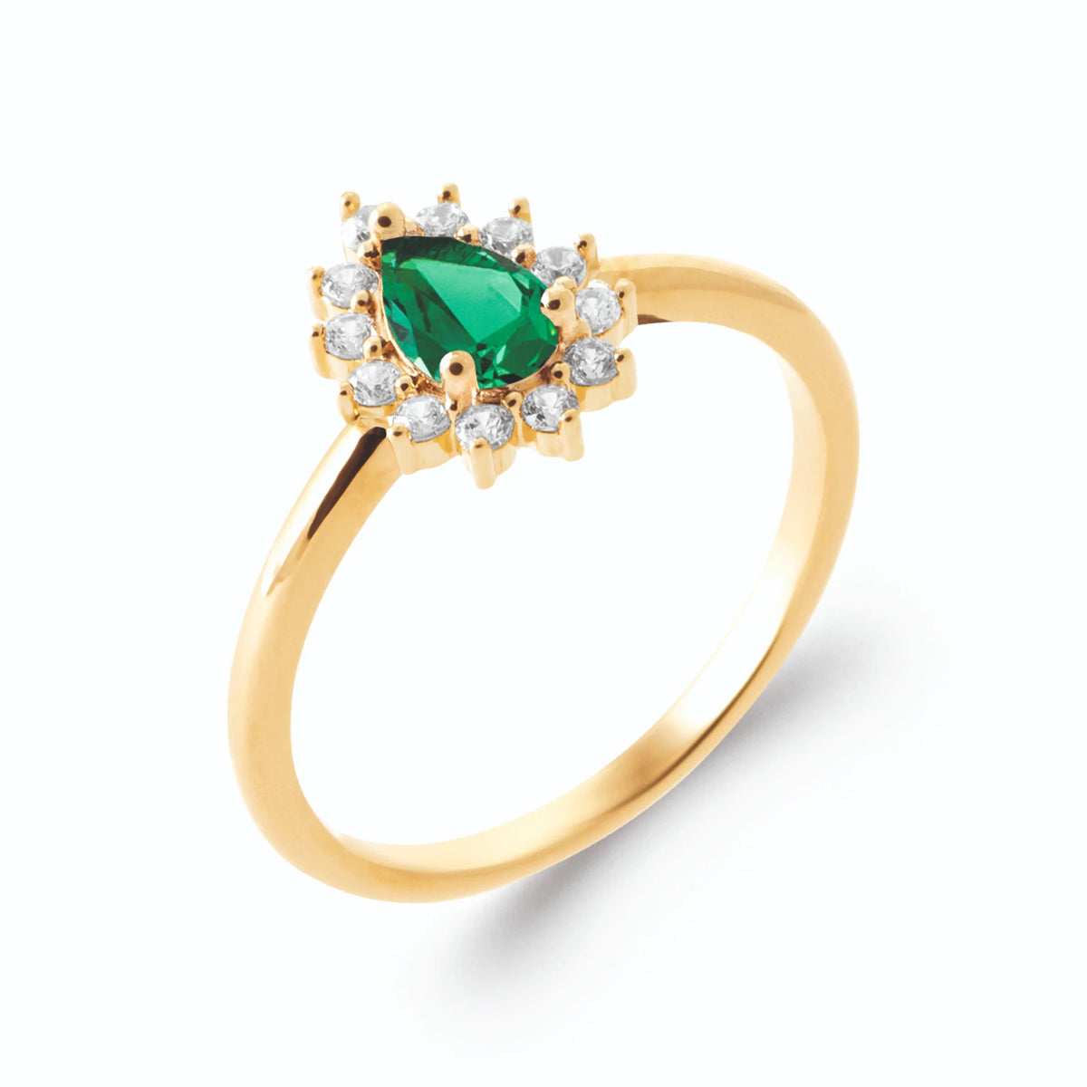 Bague halo pierre verte taille poire entourée de zircons en plaqué or
