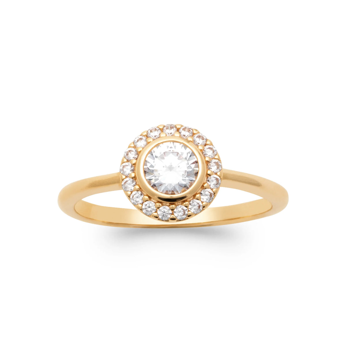 Bague halo de zircons autour d’un zircon rond en plaqué or