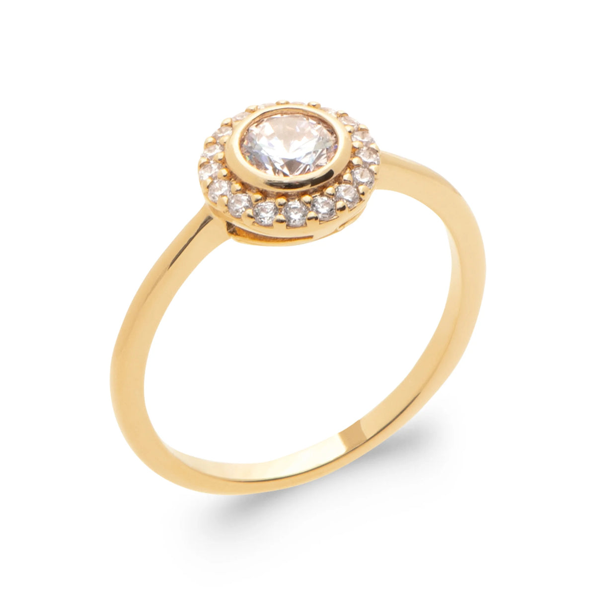 Bague halo de zircons autour d’un zircon rond en plaqué or