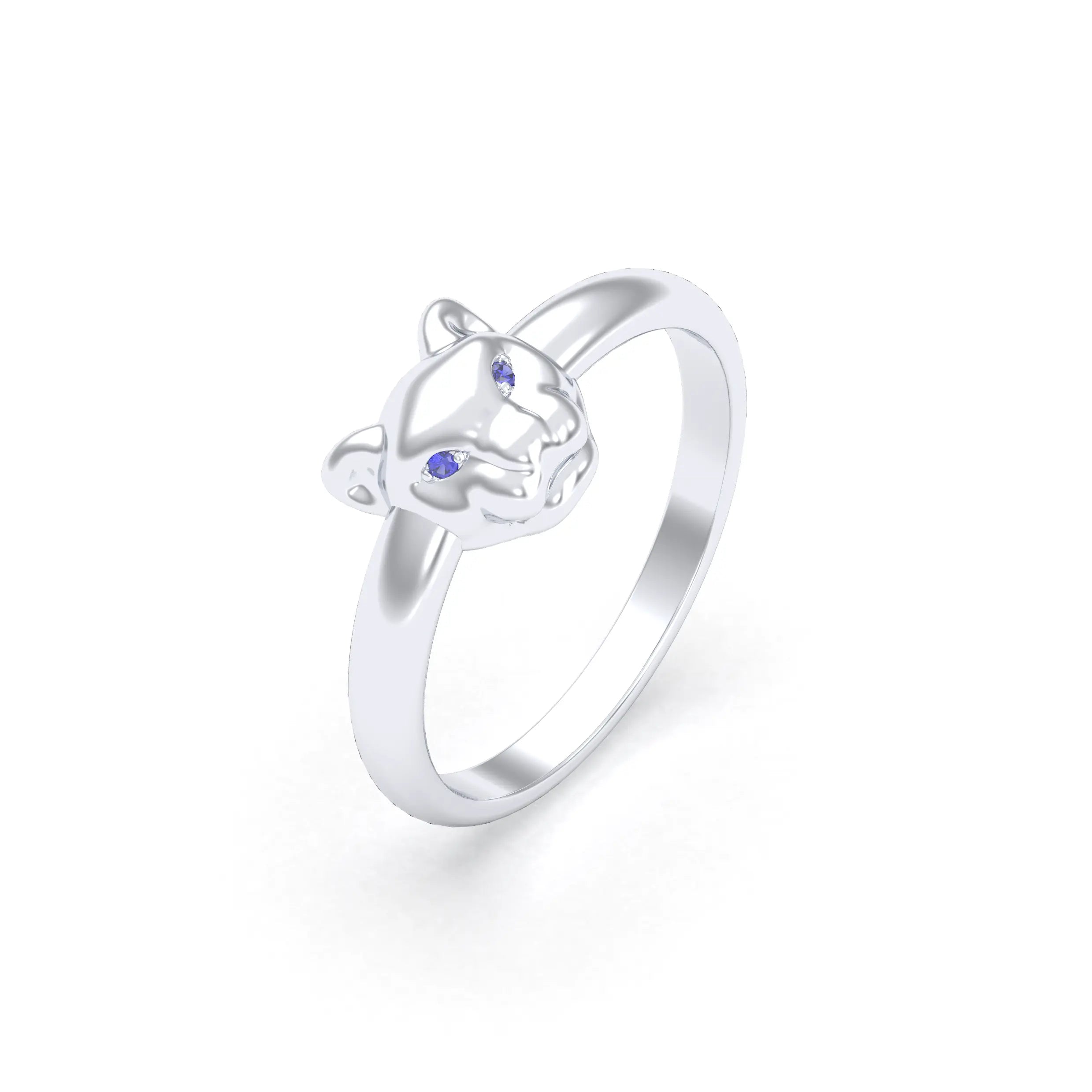 Bague Petite Féline Or Blanc 18 Carats & Pierres Précieuses Saphir bleu