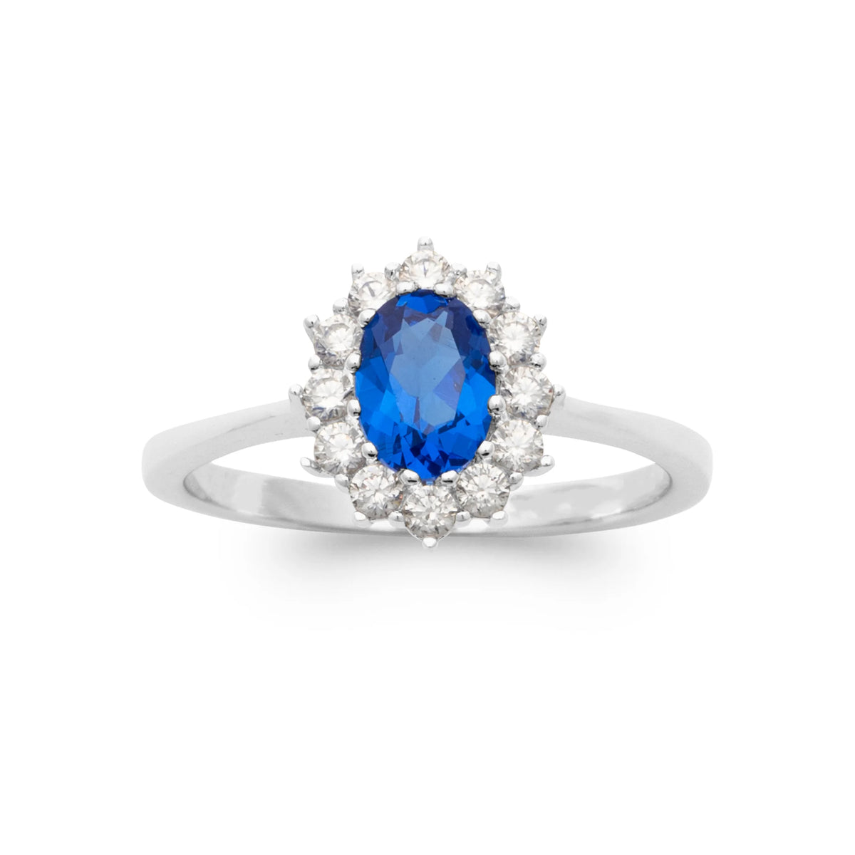 Bague marguerite pierre bleue ovale et halo de zircons en argent 925, vue de dessus