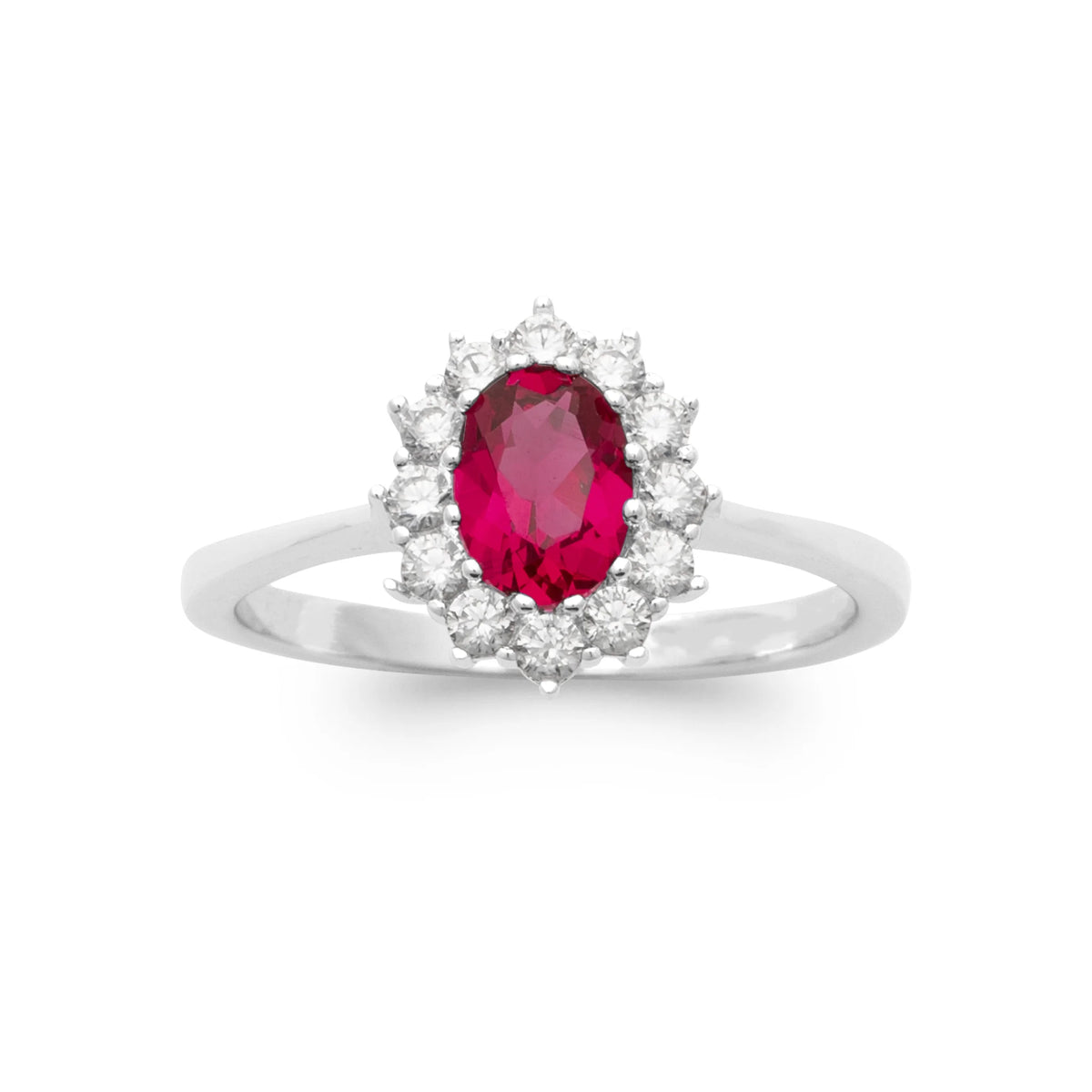 Bague marguerite pierre rouge ovale et halo de zircons en argent 925, vue de dessus