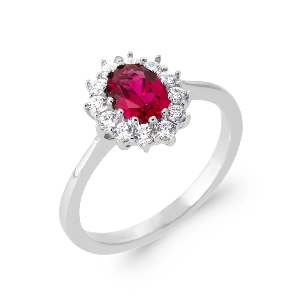 Bague marguerite pierre rouge ovale et halo de zircons en argent 925, vue de face