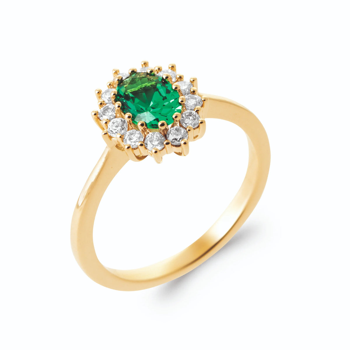 Bague marguerite pierre verte ovale et halo de zircons en plaqué or