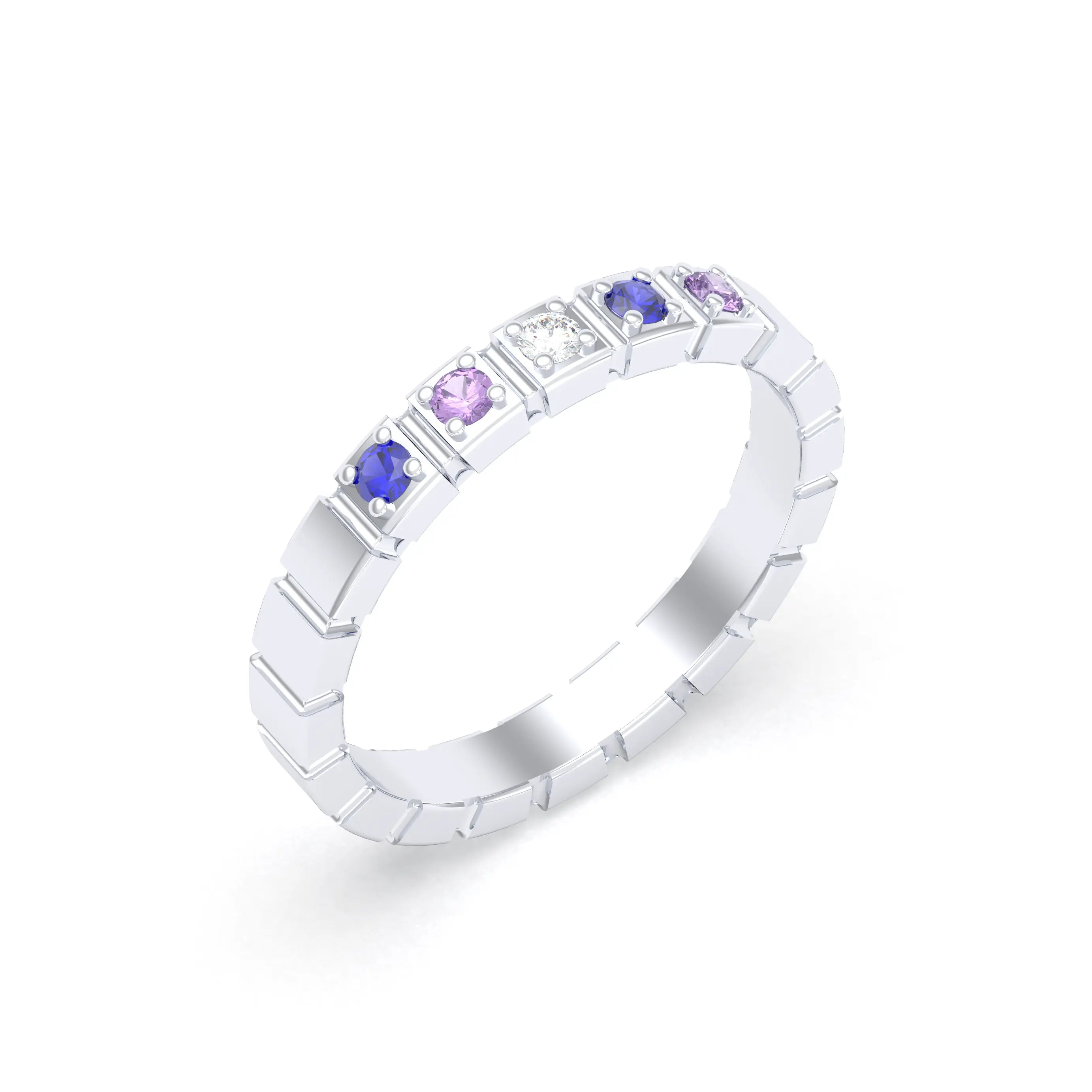 Bague New York en or blanc 18 carats, joaillerie personnalisable à 5 pierres Diamant - Saphir bleu - Saphir violet