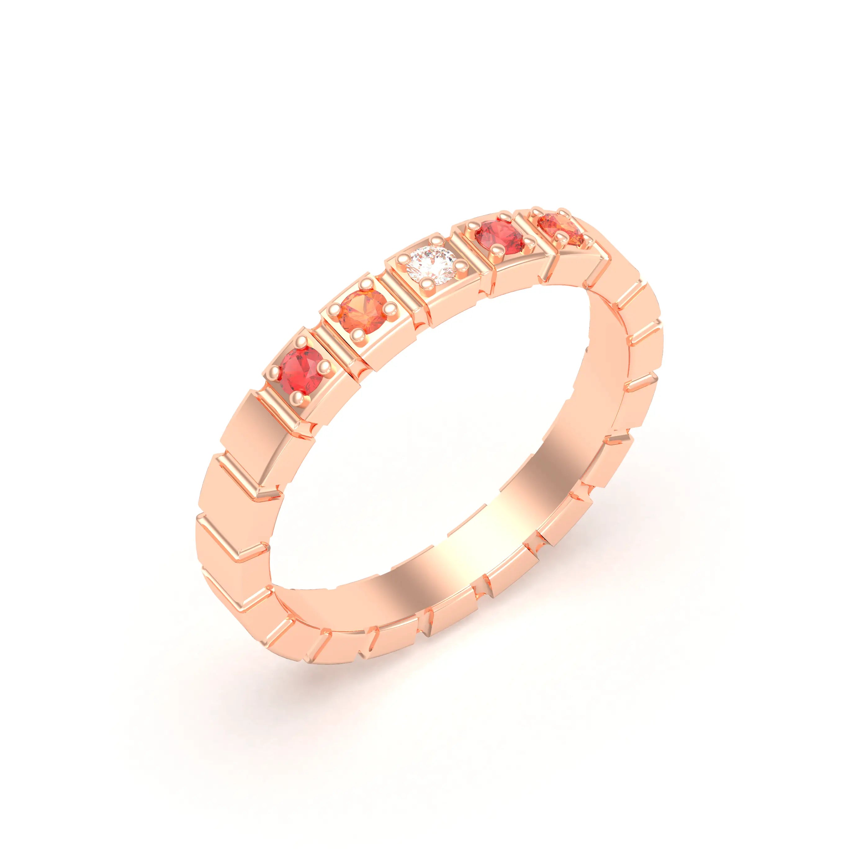 Bague New York en or rose 18 carats, joaillerie personnalisable à 5 pierres Diamant - Saphir orange - Saphir rouge