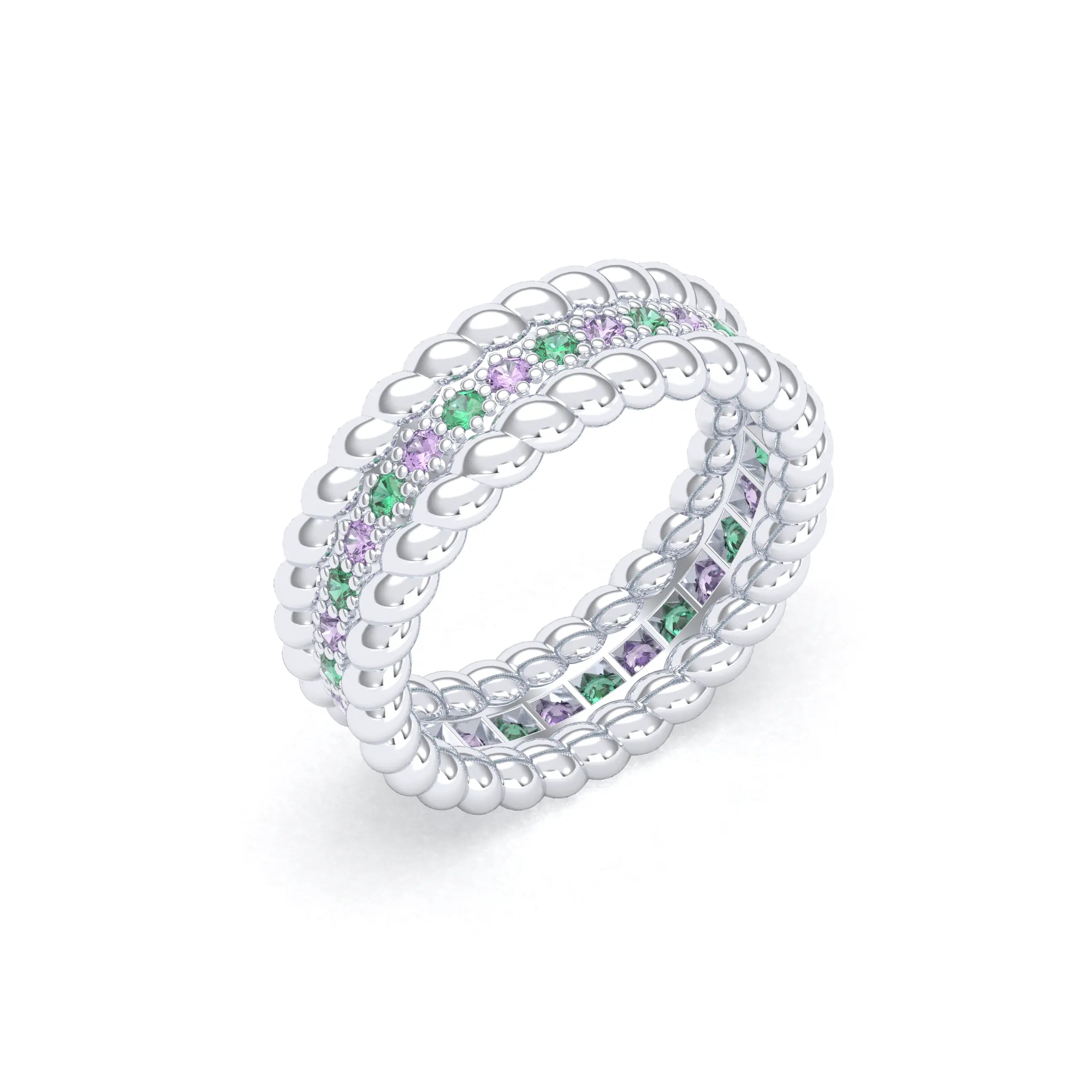 Bague Olympe en Or Blanc 18 Carats et Pierres Précieuses Saphir violet - Émeraude