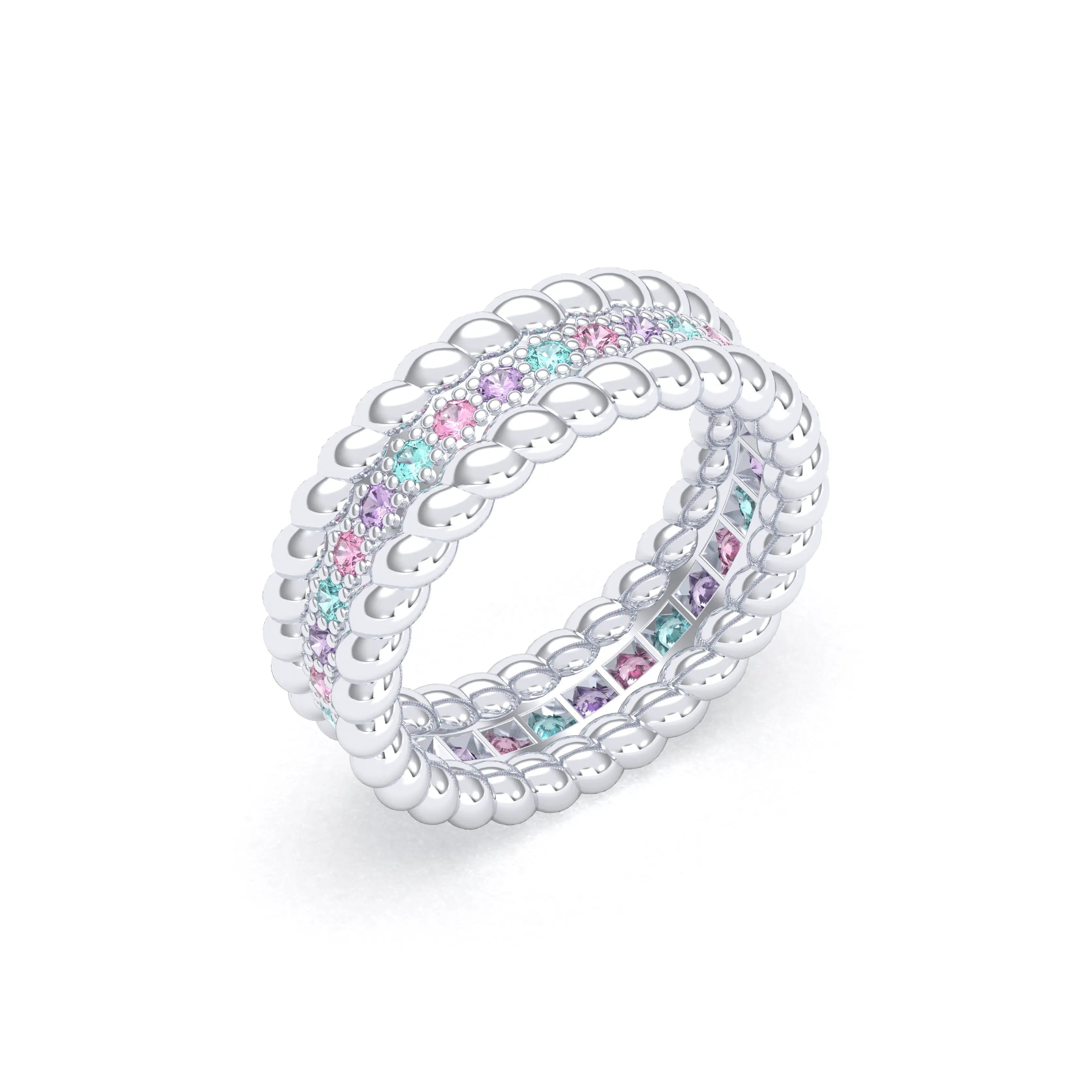 Bague Olympe torsadée en or blanc 18 carats, pierres fines et précieuses Saphirs roses - Saphirs violets - Tourmalines paraiba