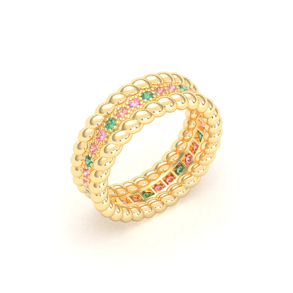 Bague Olympe torsadée en or jaune 18 carats, pierres fines et précieuses Émeraudes - Saphirs pêche - Saphirs roses