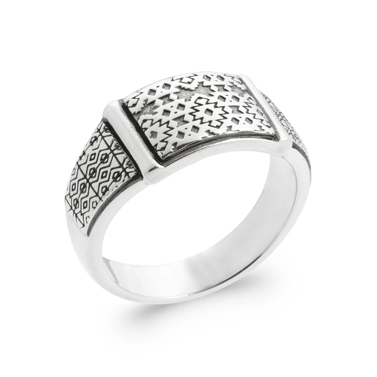 Bague plateau rectangulaire gravé de motifs aztèques en argent 925 homme