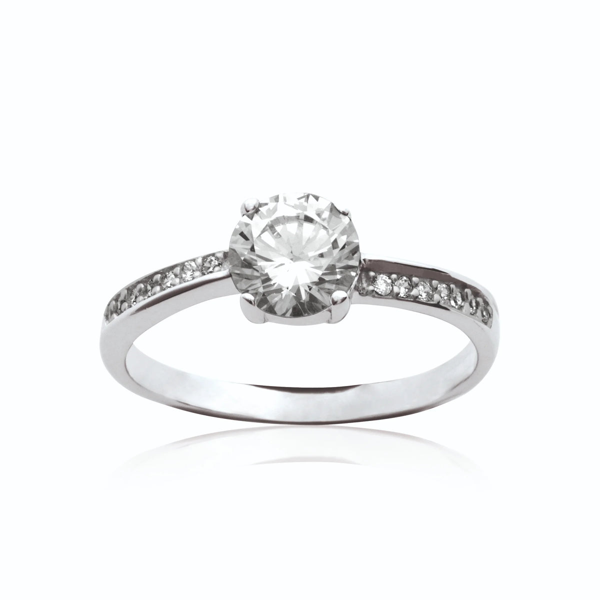 Bague solitaire zircon et fine ligne de zircons en argent 925, vue de dessus