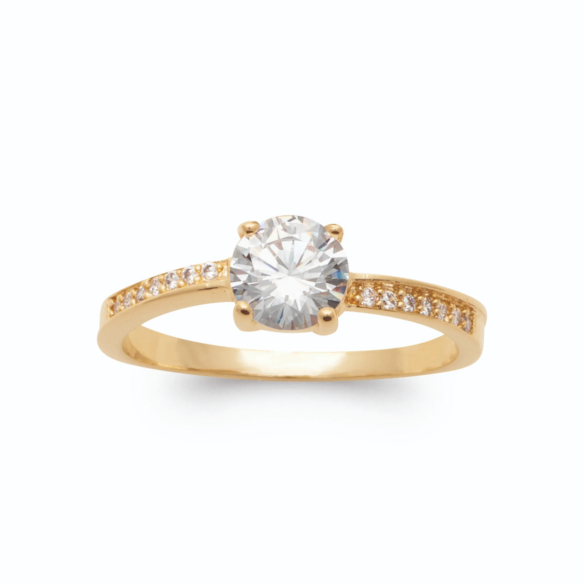 Bague solitaire zircon et fine ligne de zircons sur les épaules en plaqué or