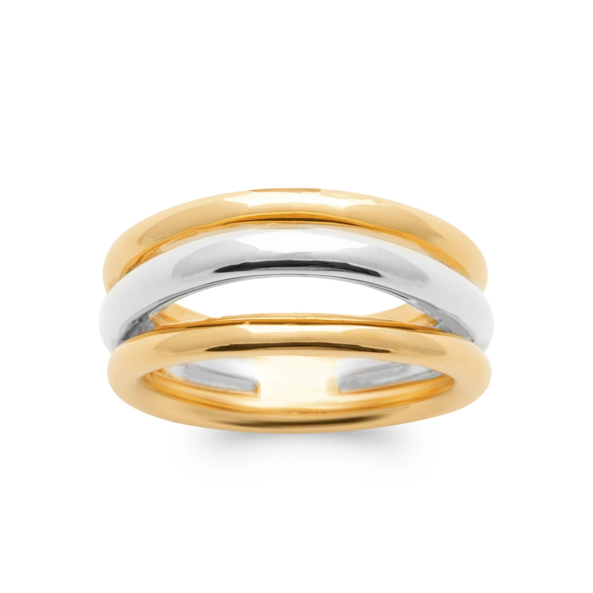 Bague trois anneaux croisés bicolore en plaqué or vu de profil