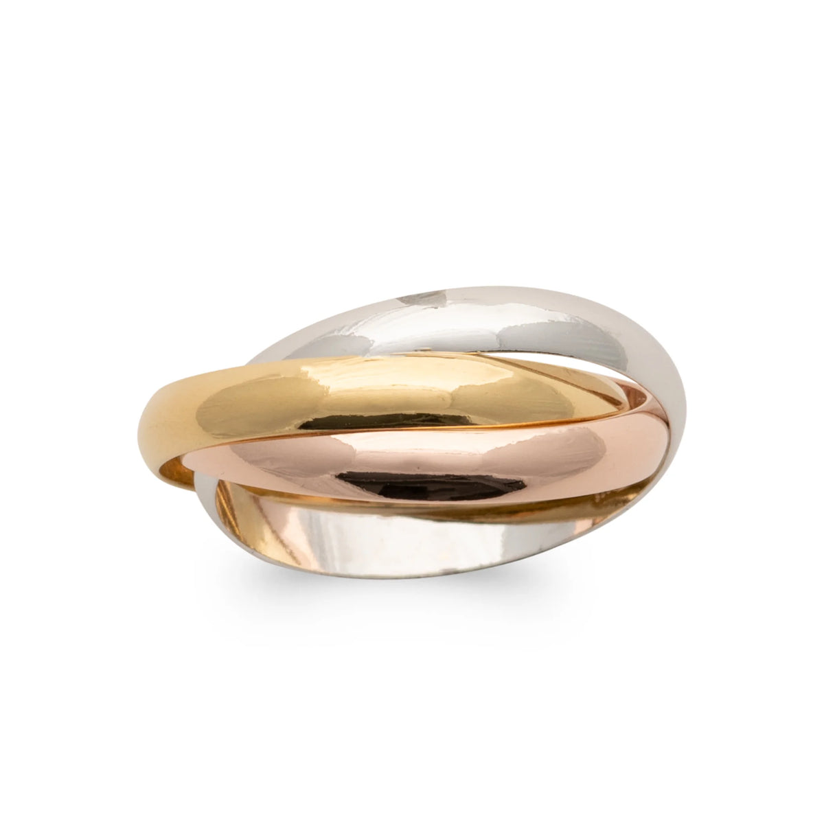 Bague trois anneaux entrelacés tricolores en argent 925 vu de profil