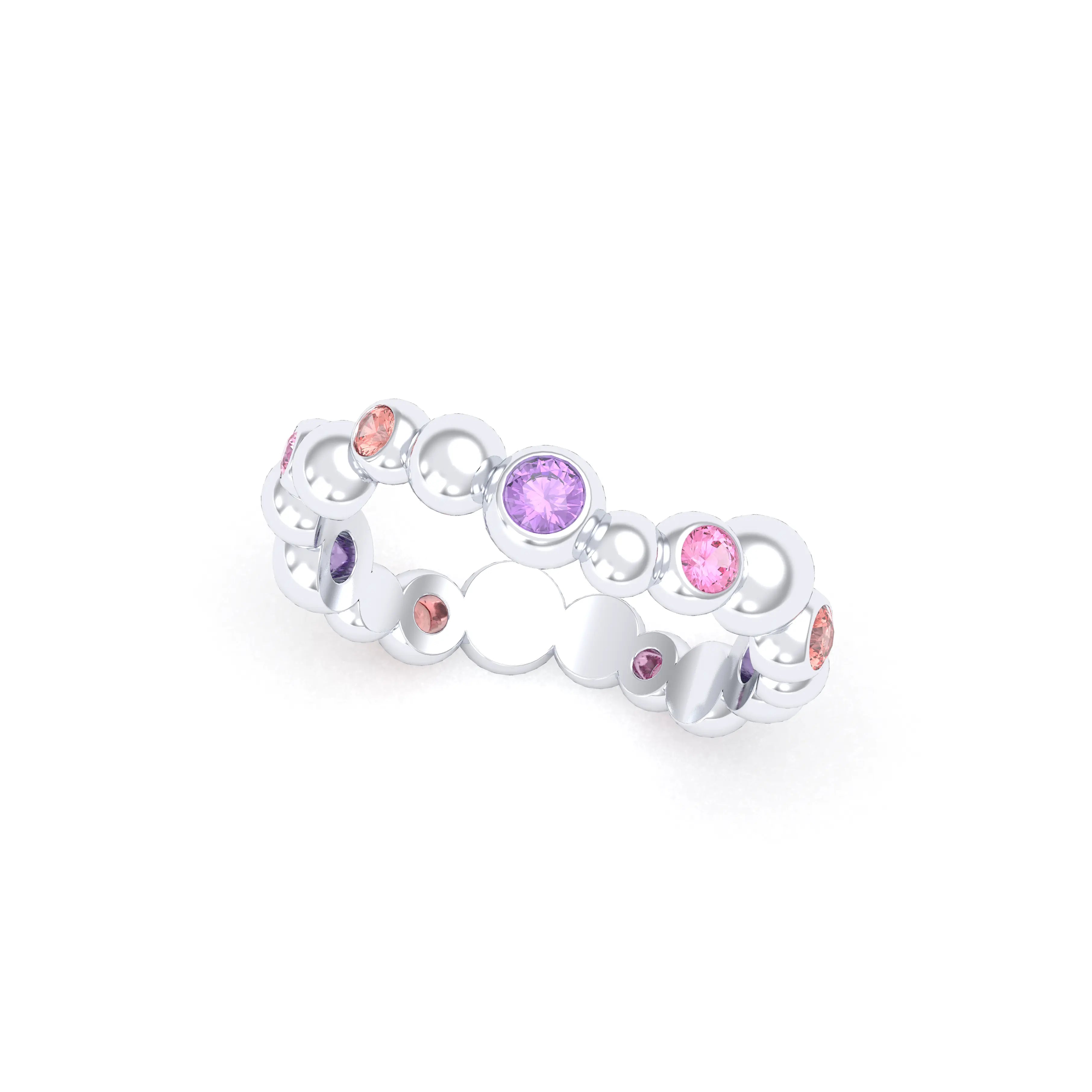 Bague Volga or blanc 18 carats avec pierres précieuses et fines personnalisables Saphirs pêches - Saphirs violets - Saphirs roses