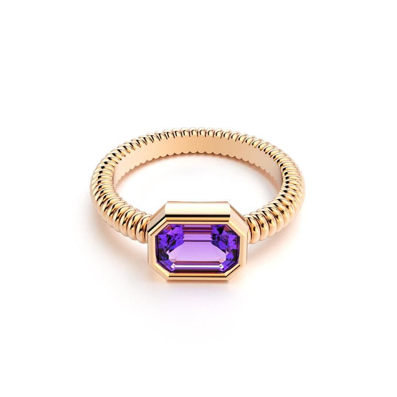 Bague femme or rose pierre semi-précieuse Améthyste taille baguette
