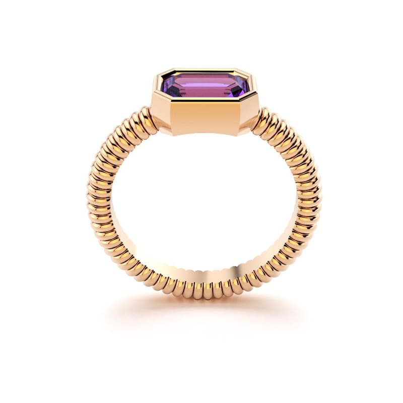 Bague femme or rose pierre semi-précieuse Améthyste taille baguette