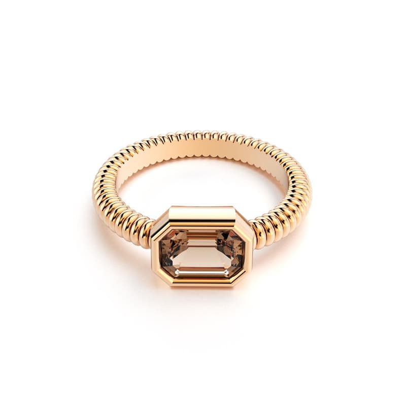 Bague femme or rose pierre semi-précieuse quartz fume taille baguette