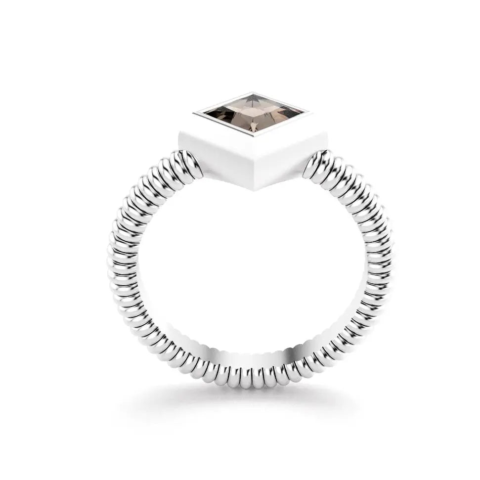 bague byzance pour femme forme carré en or blanc avec quartz fume