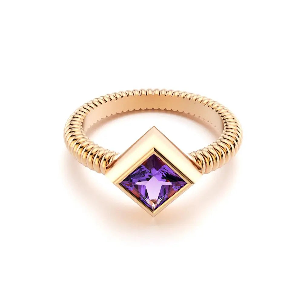 bague byzance pour femme forme carré en or rose avec amethyste