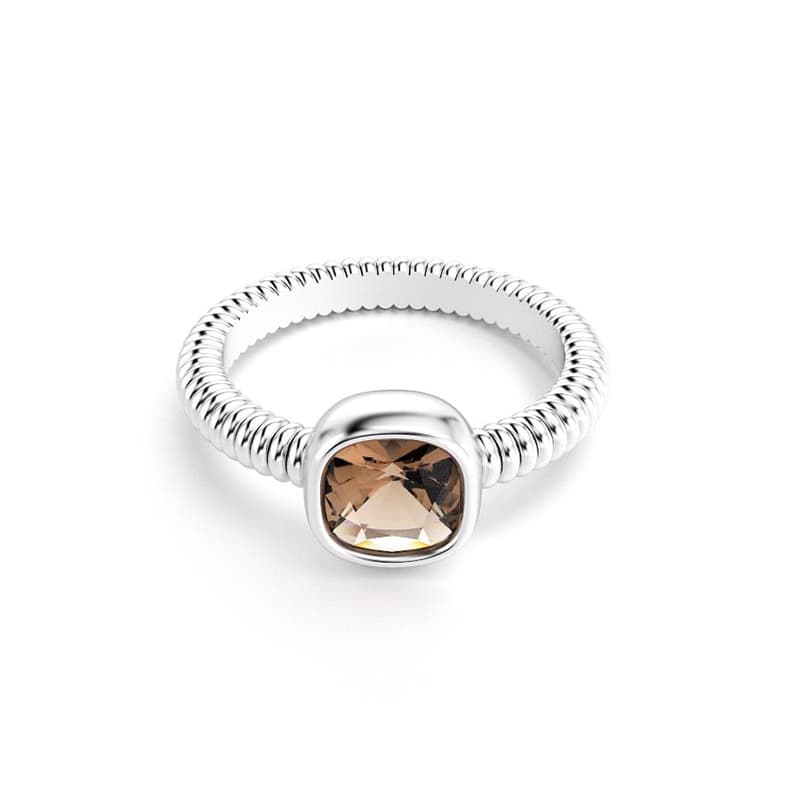 Bague femme or blanc pierre semi-précieuse Quartz fumé taille coussin