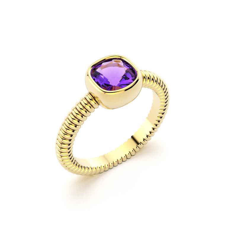 Bague femme or jaune pierre semi-précieuse Améthyste taille coussin