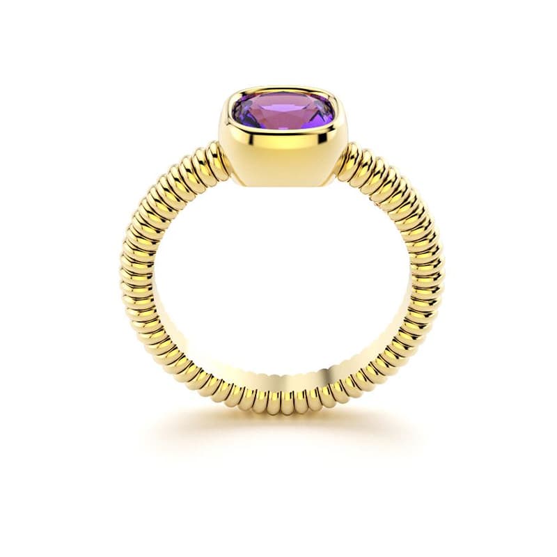 Bague femme or jaune pierre semi-précieuse Améthyste taille coussin