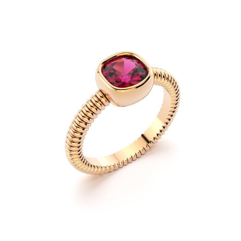 Bague femme or rose pierre semi-précieuse Rhodolite taille coussin