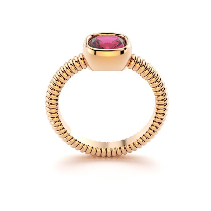 Bague femme or rose pierre semi-précieuse Rhodolite taille coussin