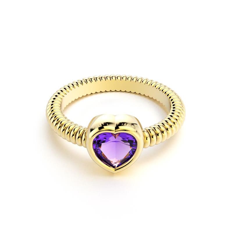 Bague femme or jaune avec pierre semi-précieuse Améthyste taille cœur