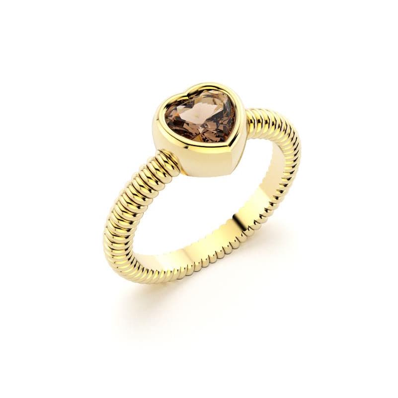 Bague femme or jaune avec pierre semi-précieuse quartz fume taille cœur