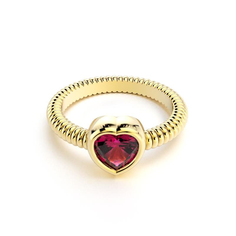Bague femme or jaune avec pierre semi-précieuse rhodolite taille cœur