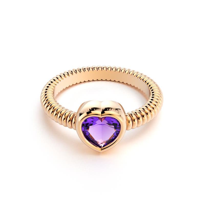 Bague femme or rose avec pierre semi-précieuse Améthyste taille cœur