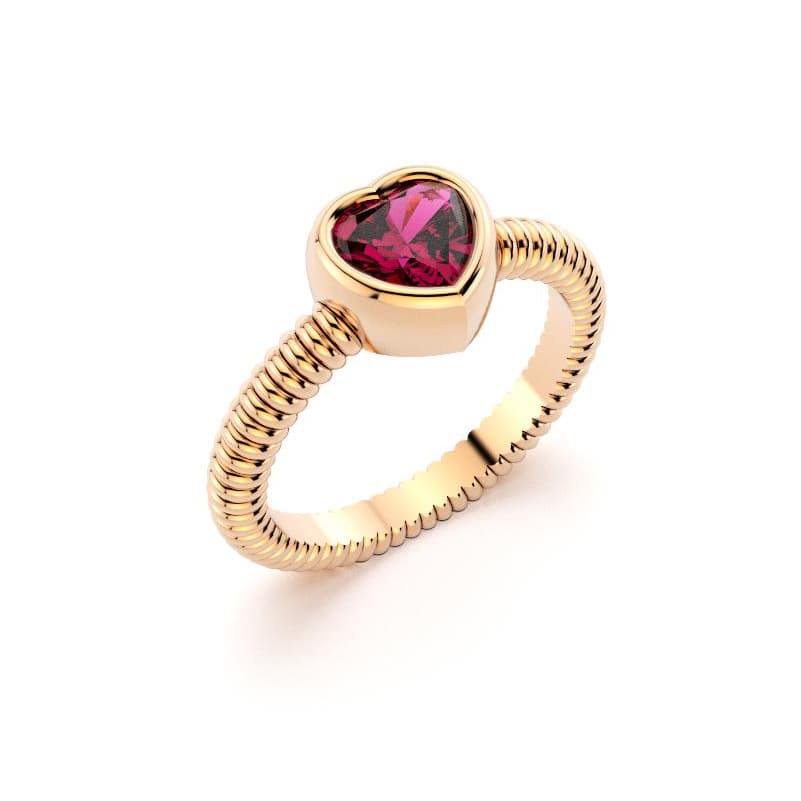 Bague femme or rose avec pierre semi-précieuse rhodolite taille cœur