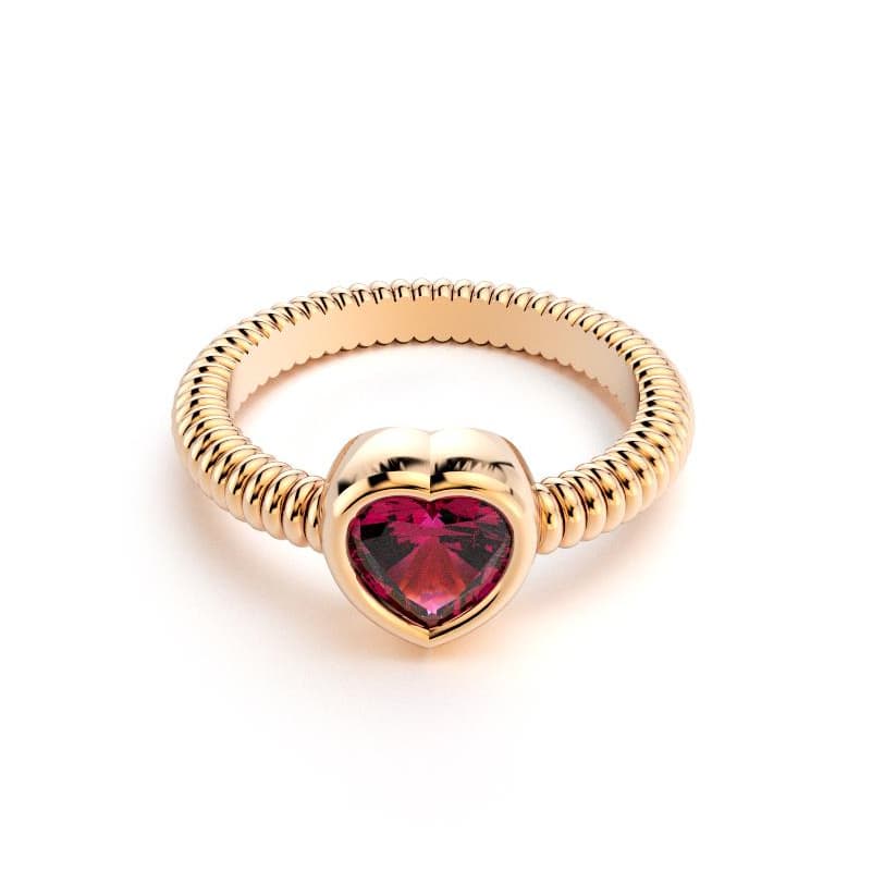 Bague femme or rose avec pierre semi-précieuse rhodolite taille cœur