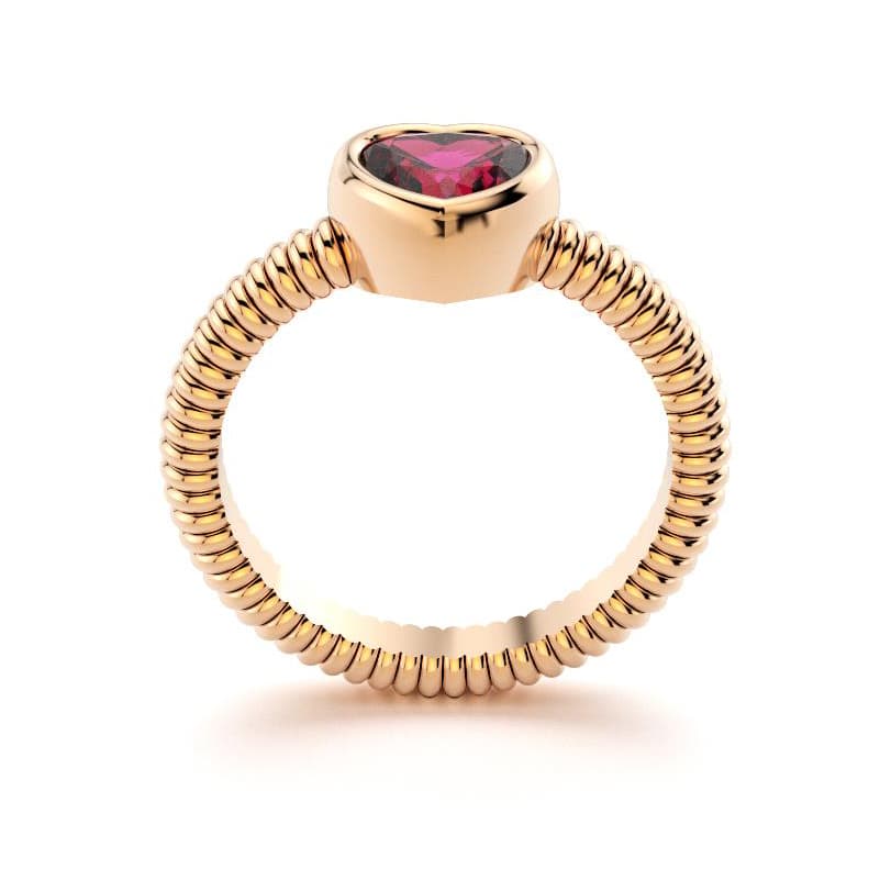 Bague femme or rose avec pierre semi-précieuse rhodolite taille cœur
