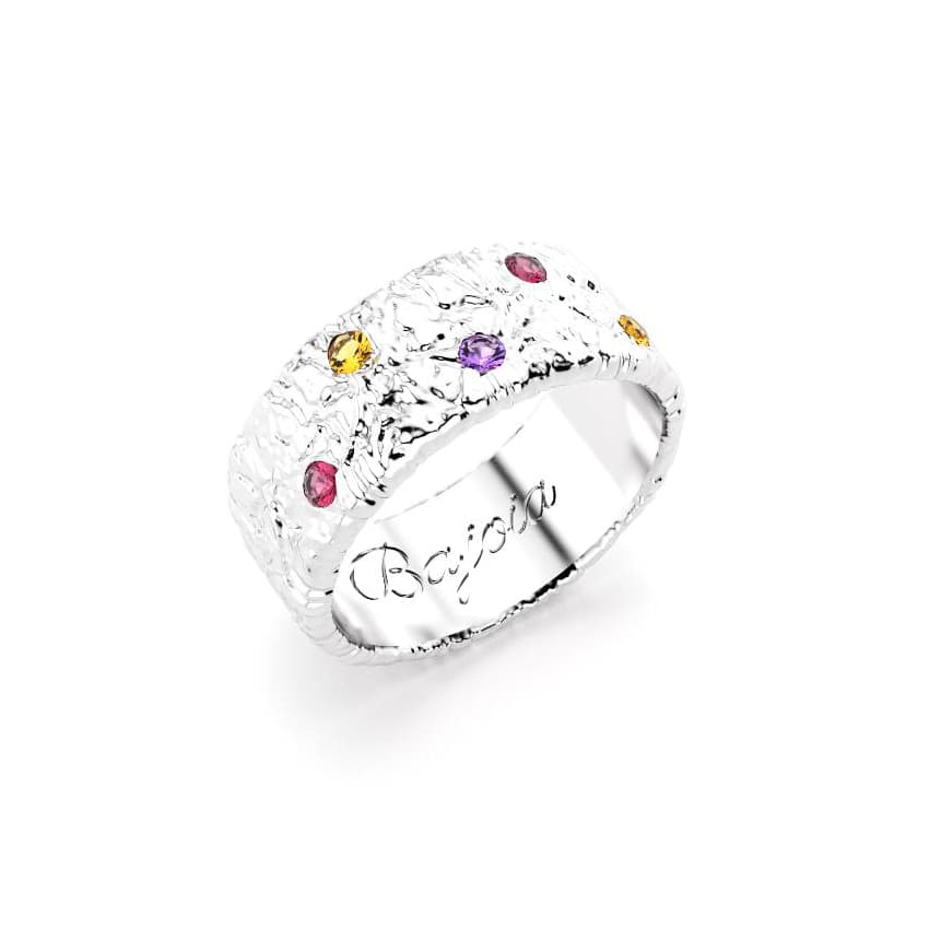 Bague constellation femme argent avec pierre semi-précieuse rhodolite et citrine et améthyste