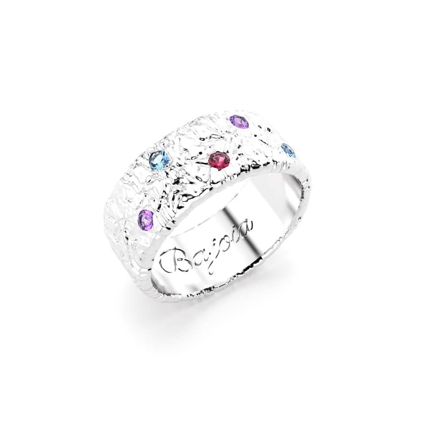 Bague constellation femme argent avec pierre semi-précieuse rhodolite et topaze et améthyste